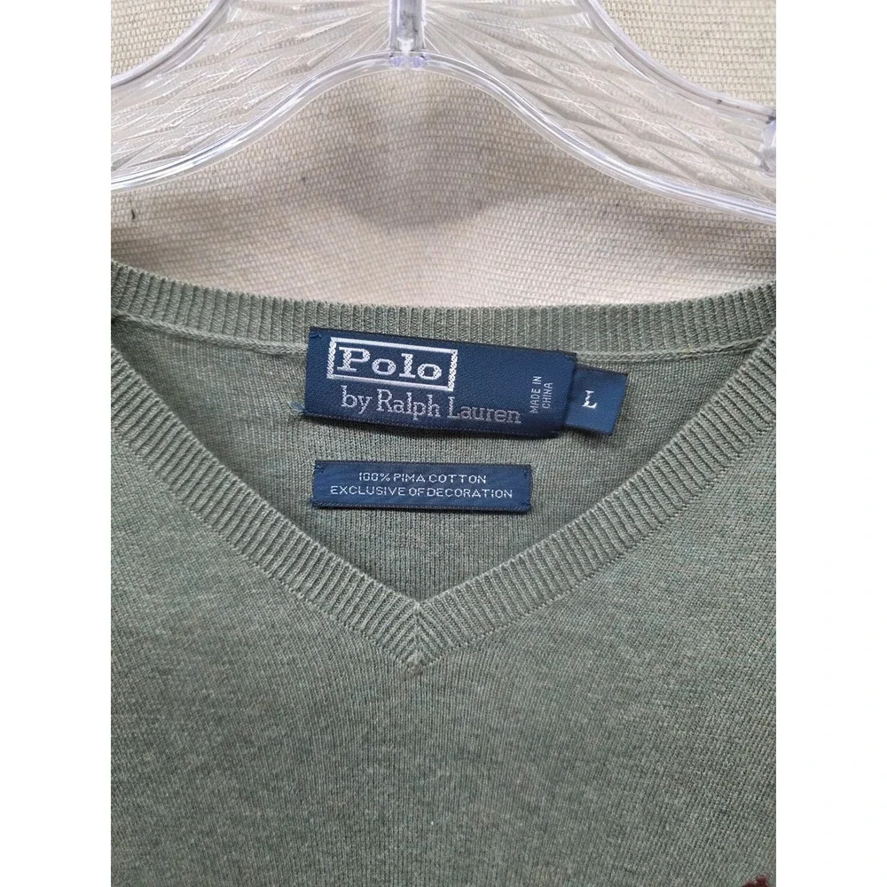 Polo Ralph‎ Lauren Mens V-Neck Sweater Sage Green Pima Cotton Large Pony Logo